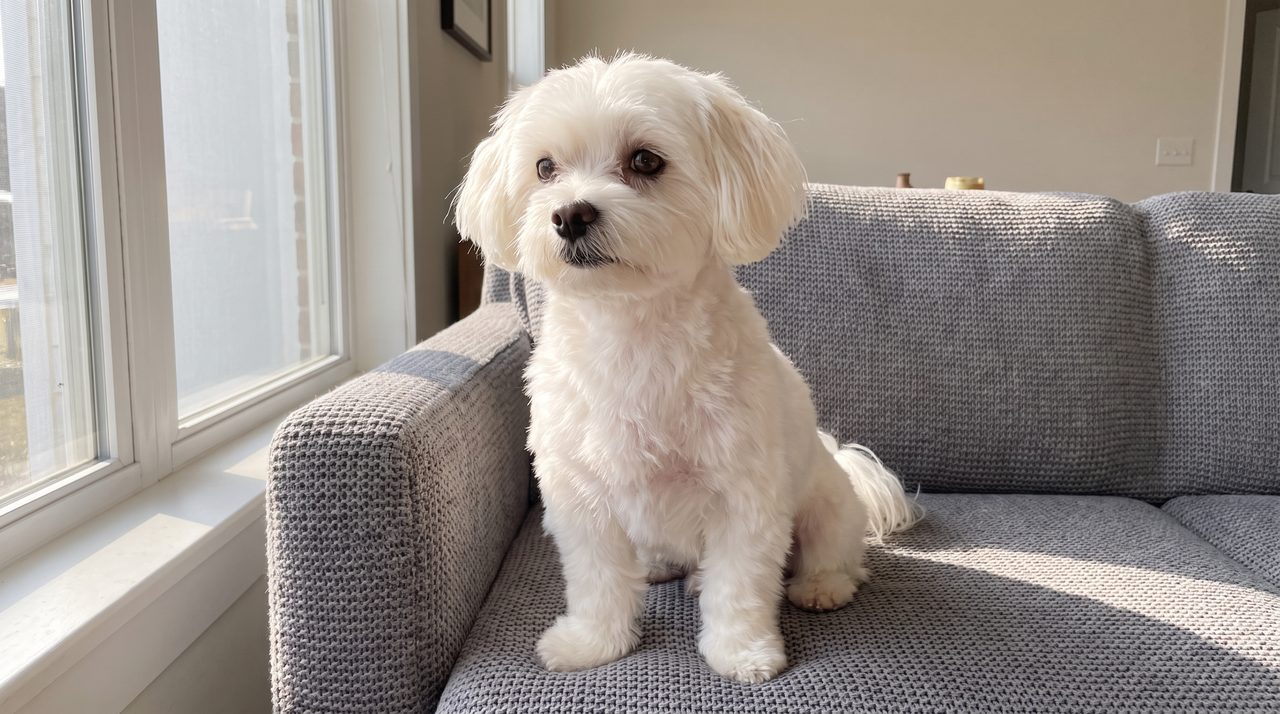 A happy, healthy white dog with a full coat sitting calmly by a window