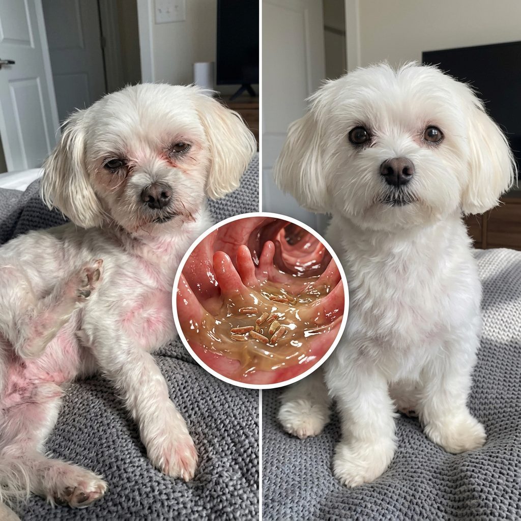 Before and after: an itchy dog with red irritated skin, then calm and healthy, with a gut biofilm inset