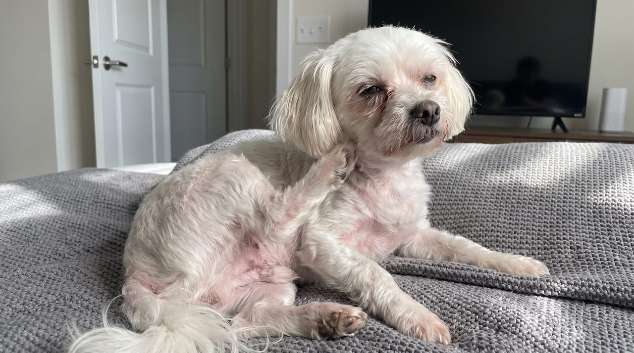 A small white dog scratching, with red irritated skin