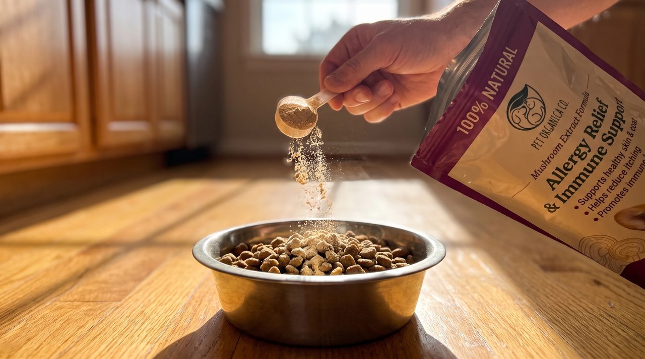 A scoop of Pet Organica Gut Support powder sprinkled over a bowl of dog food